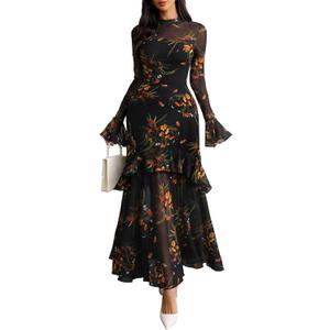 GothDark Womens Floral Maxi Dress Sheer Mesh Bell Sleeve Tiered Ruffle Gothic Romantic Casual Long Dresses (Medium, Multicolor)