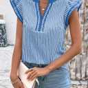 Dokotoo Womens Summer Tops Casual V Neck Cap Short Sleeve Striped T Shirts Loose Boho Blouses (Blue) L