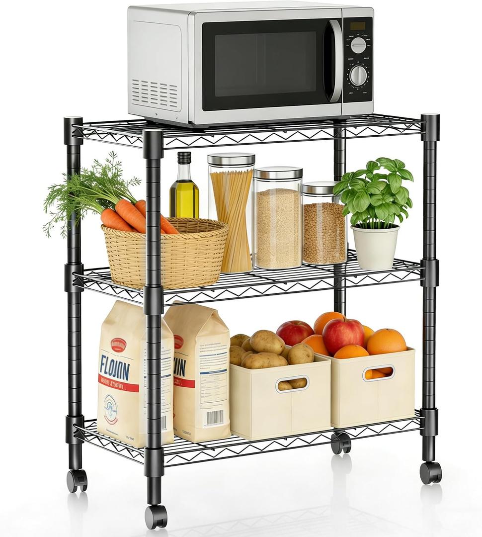 Xcity Storage Shelves, 3 Tier Heavy Duty Metal Shelving Unit with Wheels, 1050 LBS Adjustable Steel Wire Shelf for Commercial, Pantry, Kitchen, Garage, 14" D x 24" W x 30" H, Black