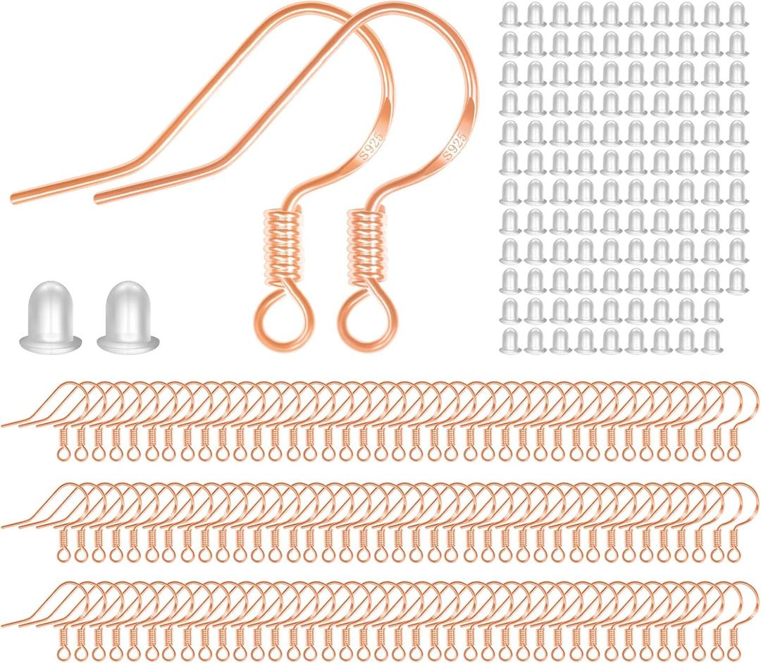 925 Sterling Rose Gold Earring Hooks 120 PCS/60 Pairs Hypoallergenic Ear Wires Fish Hooks for Jewelry Making, Jewelry Findings Parts with 120 PCS Rubber Earring Backs Stopper for DIY Earrings