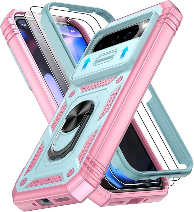 Phone Case for Google Pixel 9 Pro XL Case with with Slide Camera Cover | 2 Pack Screen Protector, Build in 360° Rotating Ring Kickstand, Military Grade Shockproof Protective, Green+Pink