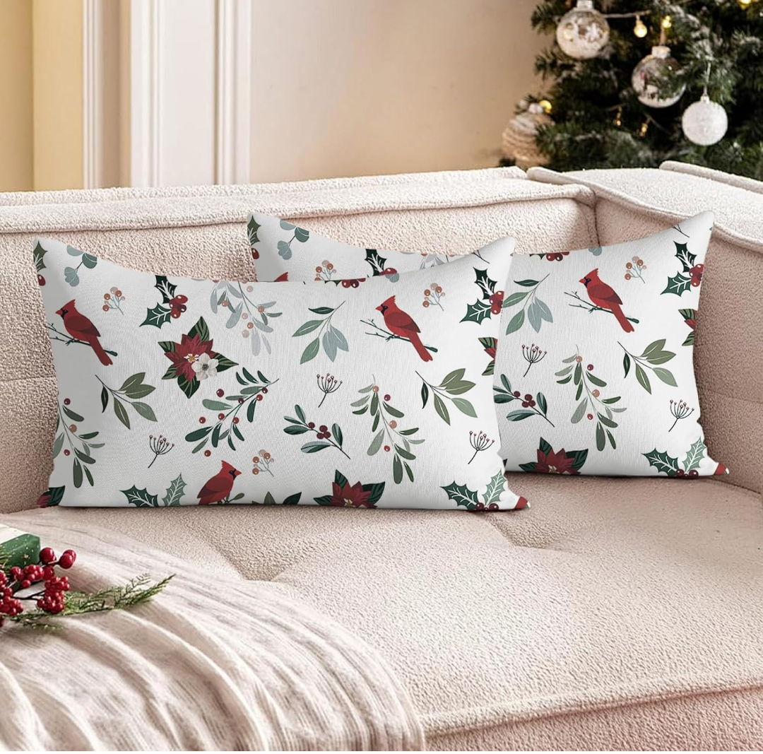 DJY Christmas Pillowcases Standard Size 20''x28'' Cardinal Bird Holly Mistletoe Poinsettia Throw Pillow Cover Set of 2 for Sofa Bed Couch Indoor Xmas Holiday Pillowcases Festival Decoration
