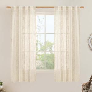 LAMIT Faux Linen Curtains 63 inches Long for Bedroom, Back Tab and Rod Pocket Linen Drapes Light Filtering Sheer Window Curtains for Living Room, Set of 2 Panels (38 x 63 Inch, Beige)