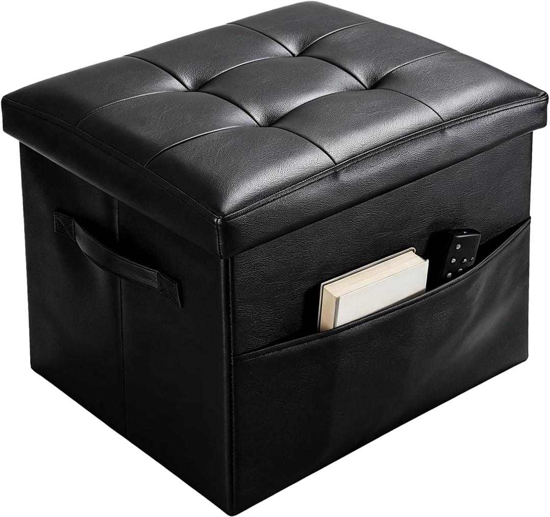 Storage Ottoman Foot Rest Bench with Side Pocket, Small Faux Leather Ottoman with Storage, Foot Stool with Storage for Living Room, Bedroom, Entryway, Dorm. 350LBS, 17x12.6x12.6in, Black.