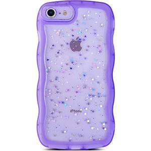 Qokey for iPhone SE & 8/7 Case - Cute Clear Glitter Curly Wave Design, Transparent Bling Shiny Protection Soft TPU Shockproof Phone Cover for Women Girls - Purple