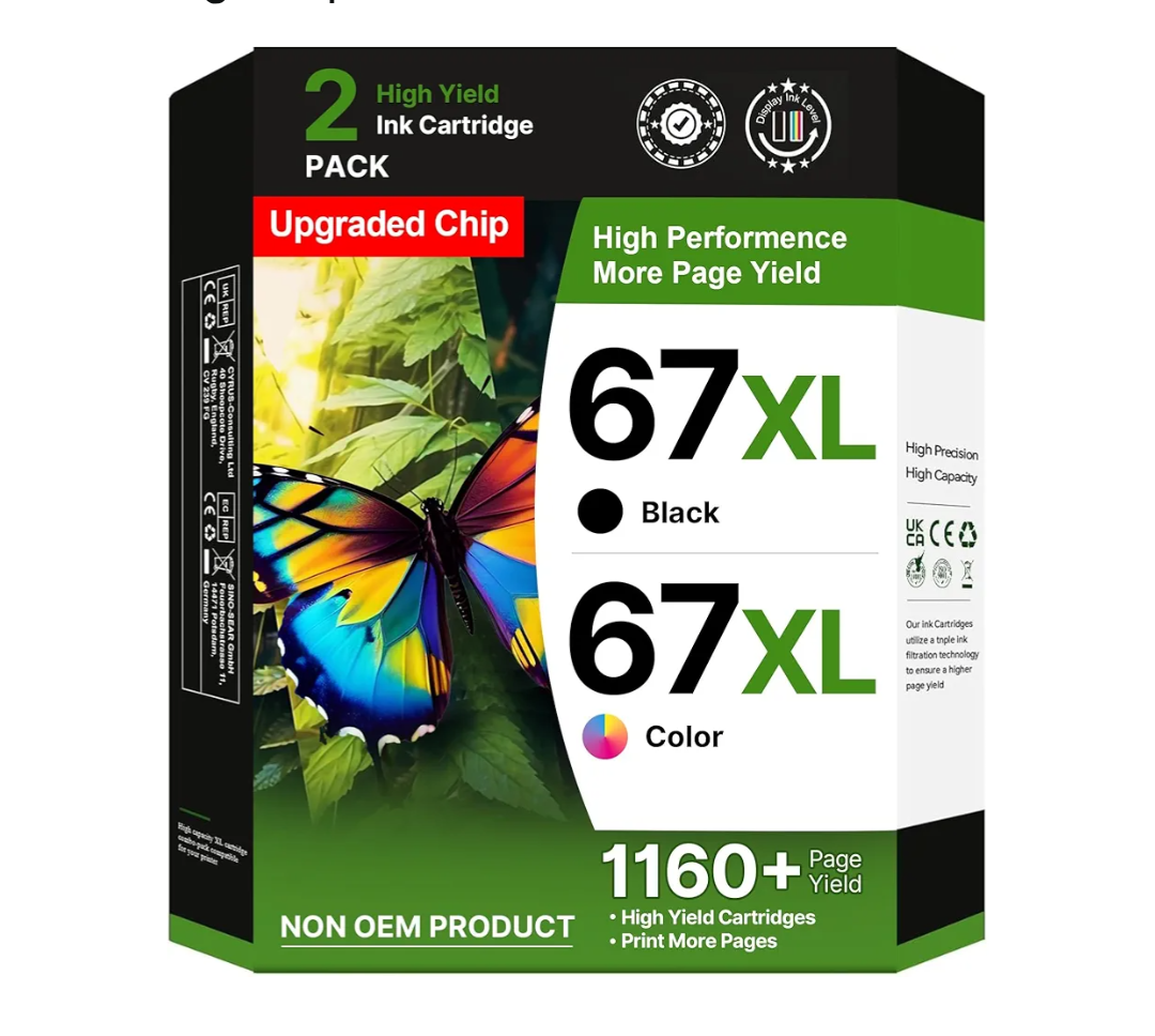 67XL Ink Cartridges Black/Color Combo Pack Replacement for HP Ink 67 67XL Printer Ink Works for HP DeskJet 4227e 2827e 2755e 2855e 2842e 2800 4155e 2755 2852e Envy 6055e 6000 6455e (1 Black, 1 Color)
