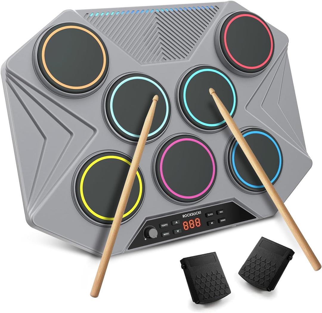 Electronic Tabletop Drum Set, Portable Digital Drum Kit 7 Velocity Sensitivity Drum Pads, LED Music Level Light, USB-MIDI Mac & PC Support, Ideal Gift for Adult and Beginners