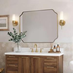 MIRRORART Gold Bathroom Mirror 30x40 Inch, Scalloped Brass Mirrors for Bathroom Sink, Notched Corner Rectangle Mirror in 1’’ Stainless Steel Metal Frame Home Remodel Wall Mount Vertical/Horizontal