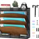 Wall File Organizer, Wood Wall File Holder, 5 Tier Vertical Hanging Wall File Organizer, 3 Pockets Wall Mount File Holder with Top and Bottom Flat Tray for Office School Home, Black