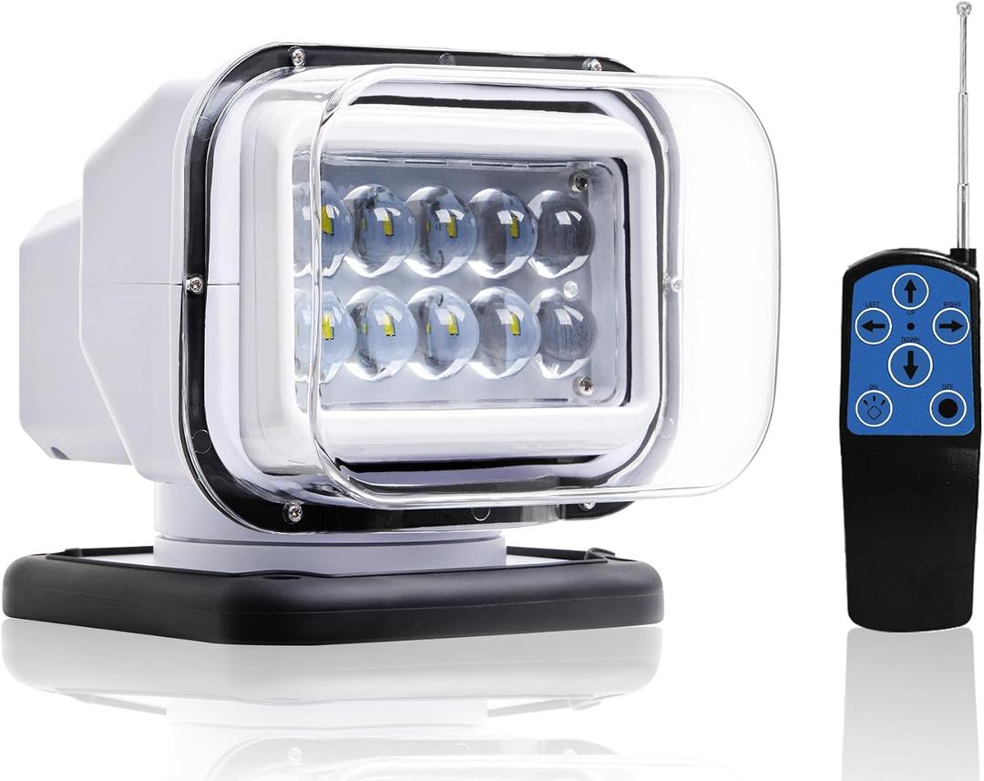 Remote LED Spot Light for Trucks, Auto-Reset 360 Rotating Waterproof Marine Spotlight for Boat, Magnetic Search light for Truck (12V-24V LED White)