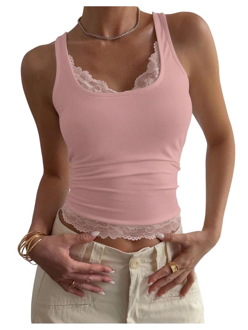 SOLY HUX Lace Camisole Tank Tops for Women Cute Trendy Lace Trim Coquette Going Out Crop Tops for Girls Solid Pink Large (Pink, L)