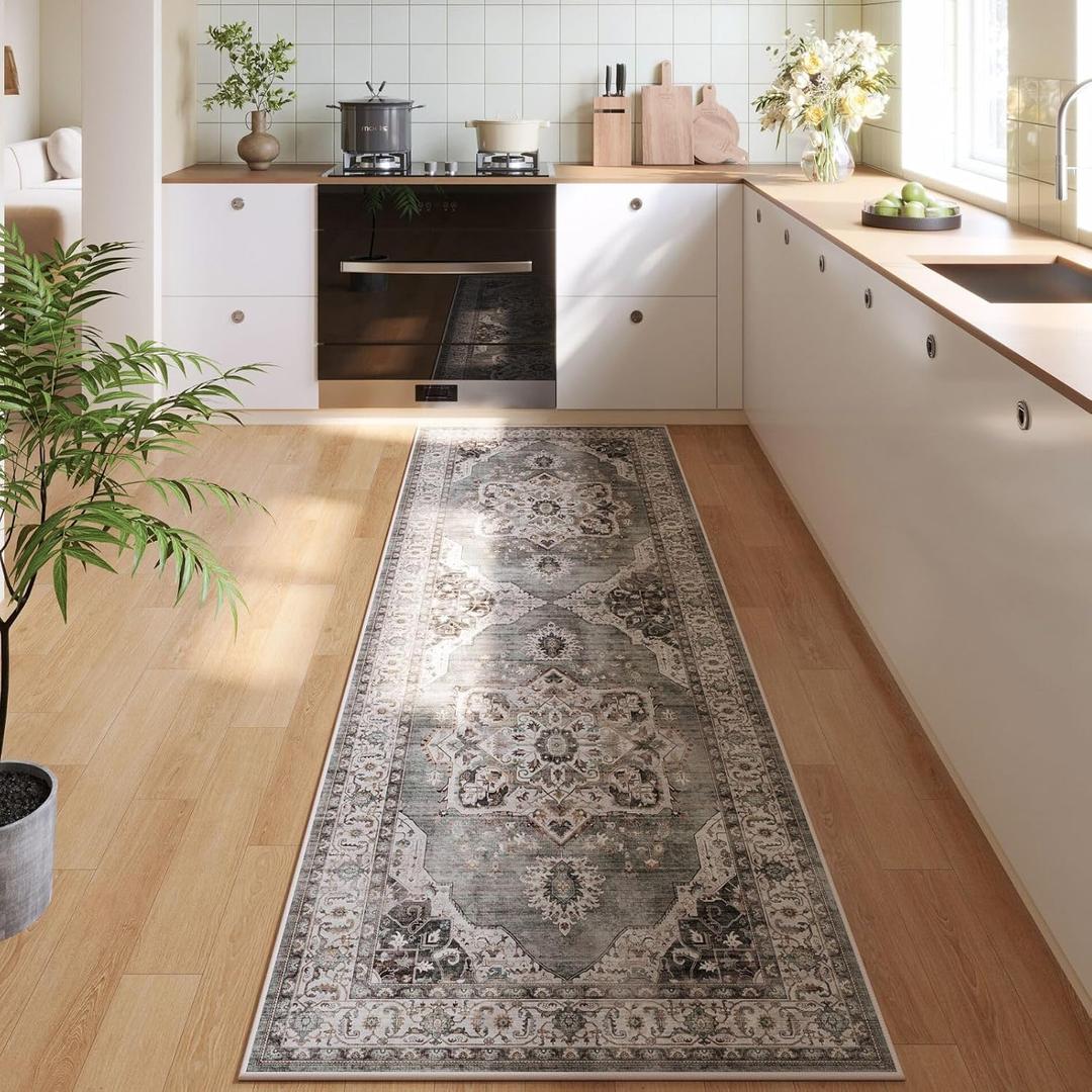 Rugcomf Vintage Medallion Kitchen Rugs Non Slip Washable 2'7"x8' - Low Pile Runner Rug, Boho Carpet for Hallways, Laundry, Bedroom, Bathroom - Grey and White