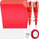 Skyygemm 301 Pcs Flower Wrapping Kit for Wedding Mother's Day 100 Single Rose Sleeves 100 Water Tubes 100 Crystal Diamond Head Pins 1 Ribbon for Birthday Wedding Flower Gifts Arrangement(Red)