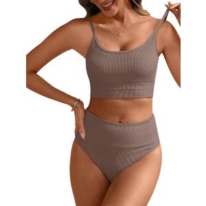 ANRABESS Women High Waisted Bikini Sets Color Block Summer Beach Vacation 2 Piece Bathing Suit Tummy Control Ribbed Swimsuit (Large, Brown)