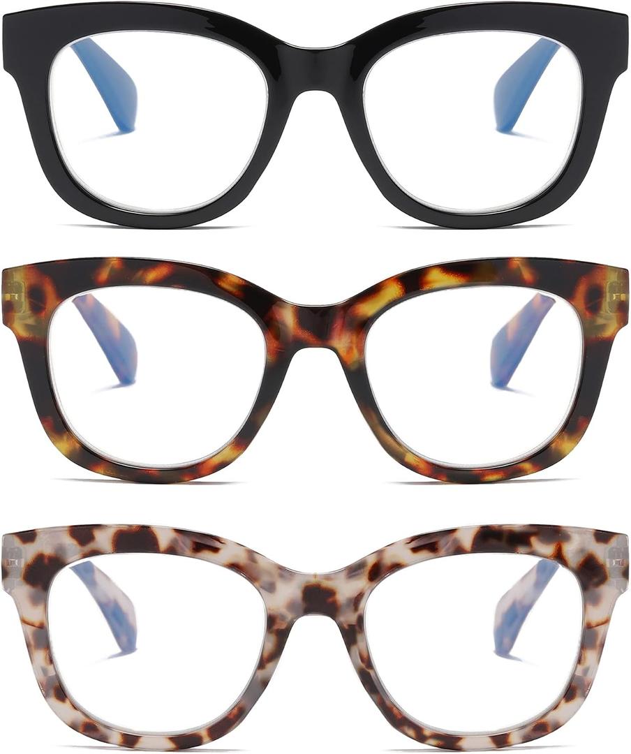 Oversized Reading Glasses for Women,3 Pack Blue Light Blocking Computer Spring hinge Readers
