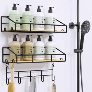 Shower Caddy 2 Pack, Large Bathroom Shower Caddy with Hooks, Innovative Metal with Bamboo Shower Caddy Organizer Shelves Rack, Sturdy Wall-Mounted & Adhesive Shower Caddy for Bathroom/Kitchen