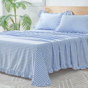 Gingham Queen Sheet Set, Lightweight Super Soft Brushed Microfiber Plaid Bed Sheets with 16" Deep Pocket, 4 Piece Ruffle Farmhouse Bedroom Decor, Blue