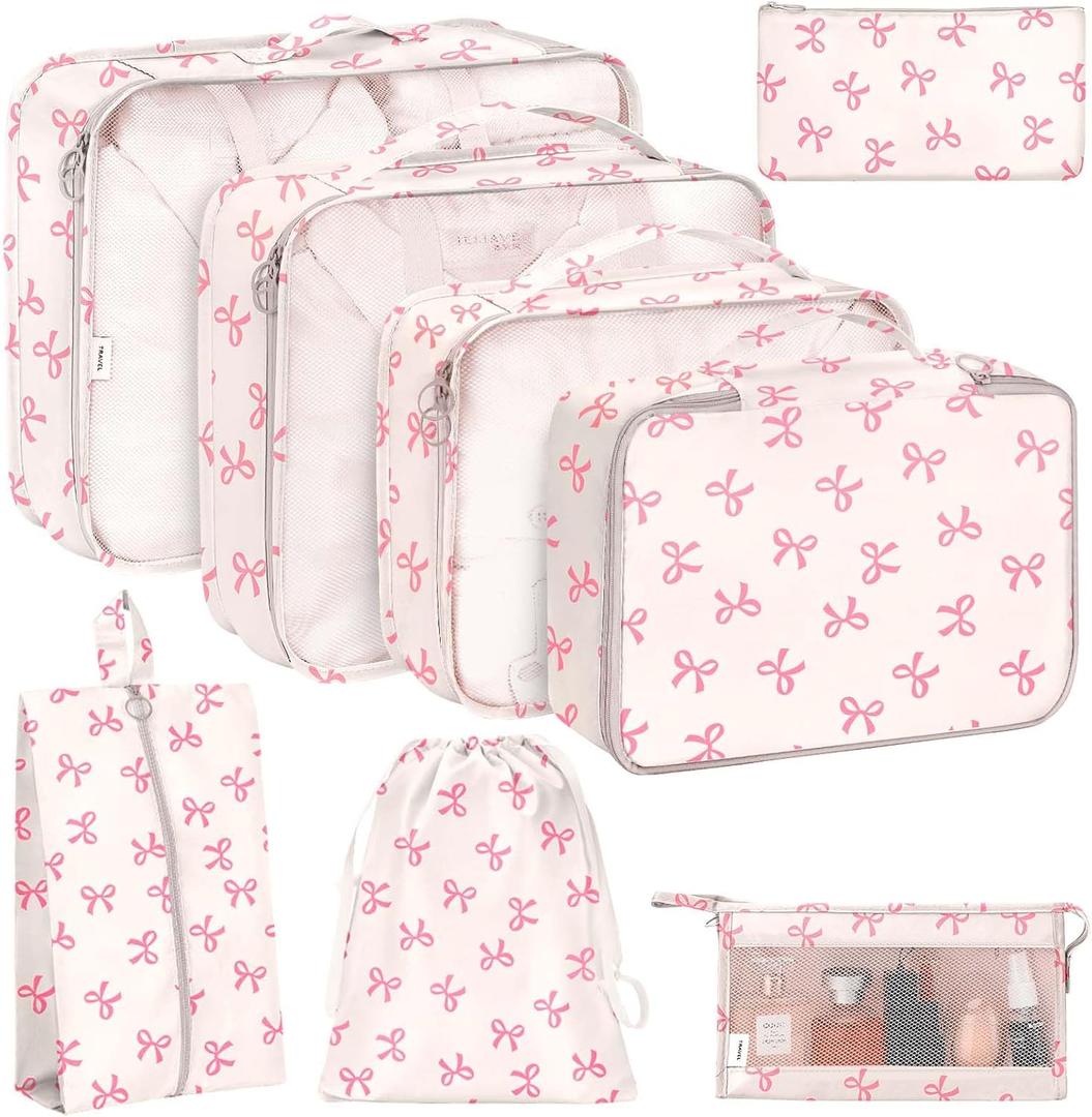 KPX 8 Set Packing Cubes for Travel, Luggage Packing Organizers Accessories Large Toiletries Bag for Clothes Shoes Cosmetics (8Set-Pink Bow)