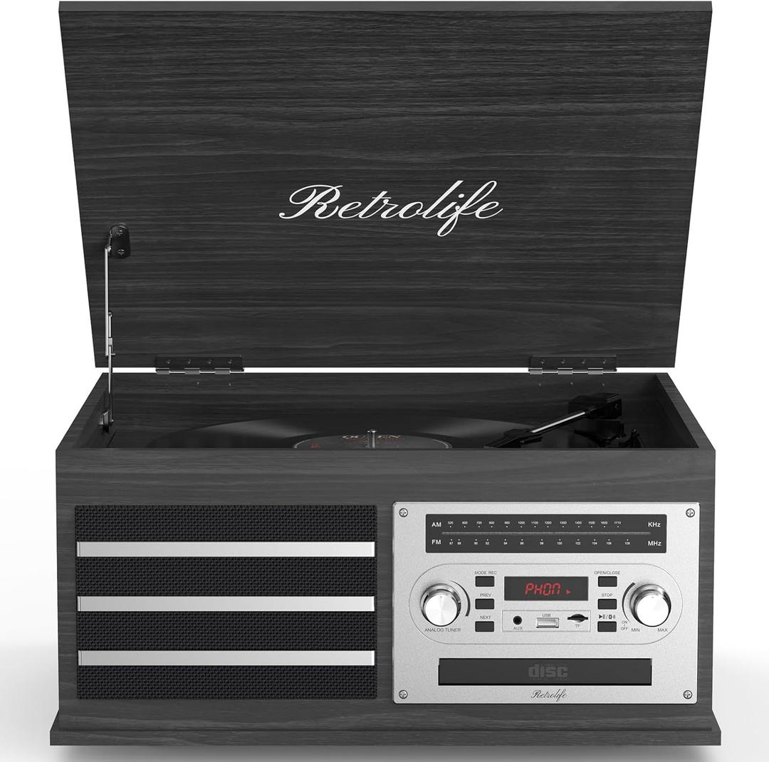 Vinyl Record Player 10-in-1 Music Center Turntable Built-in Speakers Support 3 Speed BT Wireless Input/Output AM/FM Radio CD Tape Cassette Player Aux RCA Auto Stop Vinyl Recording to USB/TF Card Black
