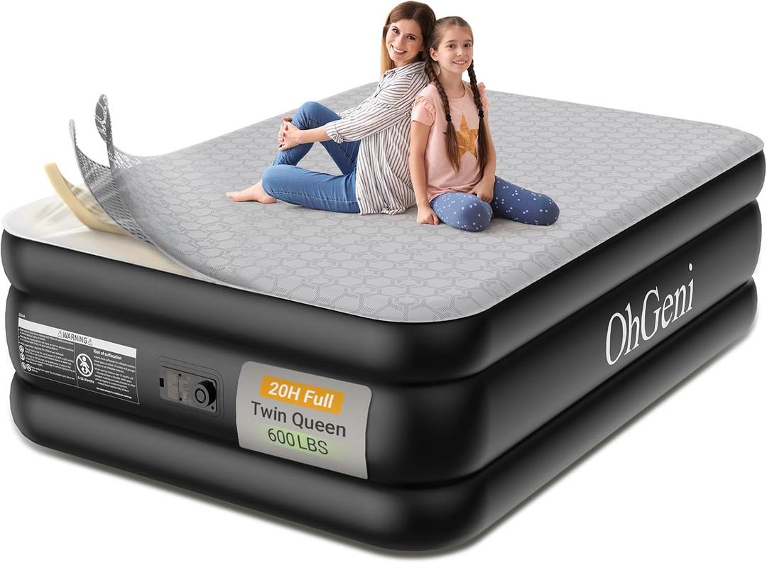 OhGeni 20" Luxury Full Air Mattress with Built-in Pump, Inflatable Bed with Silk Foam Topper for Superior Comfort, Premium Blow-Up Mattress for Home, Camping & Guests, Easy Setup, Extra Support, Black