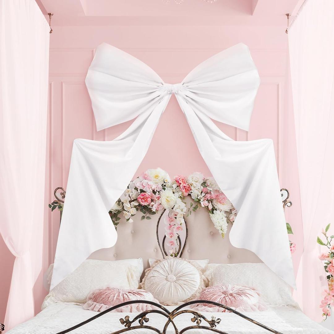 Wavwavw Big Wall Bow Decorations 39 x 72 Inch Giant Birthday Party Decor Ribbon Hanging Tie Bow Decor for Coquette Party Baby Shower Wedding Bridal Bachelorette Supplies(White,Polyester,Weeding)