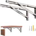 14-Inch Foldable Brackets for DIY Folding Shelves or Tables, L Shelf Brackets Collapsible, Heavy Duty Stainless Steel, Max Load 300lbs, Silver, 2 Pcs