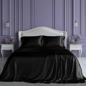 SLEEP SANCTUARY Satin Sheets Queen Size  4 Piece Luxury Silky Bed Set, Softer Than Silk, 15" Deep Pocket, Cooling & Wrinkle-Free, Moisture-Wicking & Breathable for Hair & Skin (Black)