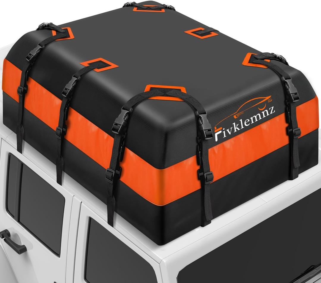FIVKLEMNZ 30 Cubic Car Rooftop Cargo Carrier Roof Bag Waterproof for All Top of Vehicle with/Without Rack Includes Topper Anti-Slip Mat + Reinforced Straps + 6 Door Hooks + Luggage Lock (30 Cubic Feet)