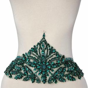 Handmade Rhinestone Applique Bridal Accessories Glass Stones Crystal Belt Wedding Dress Sash DIY Waist Accessory (Deep Green)