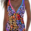 popvil Women's One Piece 2025 Tummy Control Swimsuits Neon Color Block Swimwear Deep V Neck Slimming Bathing Suit (X-Large, Neon Leopard Print)