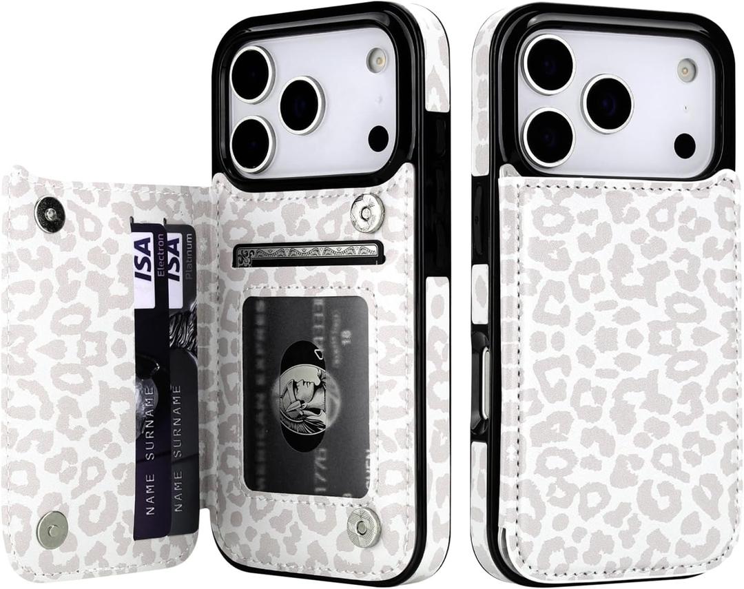 HAOPINSH Wallet Case with Card Holder for iPhone 17 Pro, White Leopard Cheetah Pattern Back Flip Folio PU Leather Kickstand Card Slots Case for Women, Double Magnetic Clasp Shockproof 6.3"