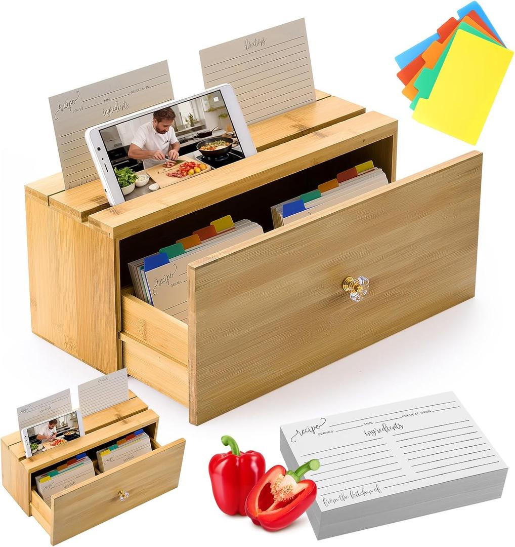 Recipe Box with 100 Cards 4 x 6 and 10 Dividers, Bamboo Organizer 2 Compartment Card &phone Holder to Write in Your Own Recipes, Kitchen Counter Decorative Gift for Housewarming Bridal Shower