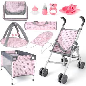 deAO Baby Doll Stroller Crib Bed Nursery Role Play Set Baby Doll with Accessories and Play Mat,Travel Cot,Bouncer,Foldable Stroller and Travel Bag Gifts for Toddlers Girls Boys