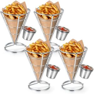 4 Pack French Fry Holder, French Cone Fries Basket with Sauce Cup, Metal Wire French Fries Holder for Kitchen, Restaurant Buffet, Picnic Party, Buffet Dinner, Home Parties