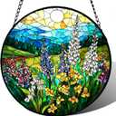 Stained Glass Window Hanging, Wildflowers Plant Scenery Suncatcher for Door Home Decor,Valley Sunrise Sun Catcher Ornament Mother's Day Birthday Gifts for Women Men Mom 6.3 in