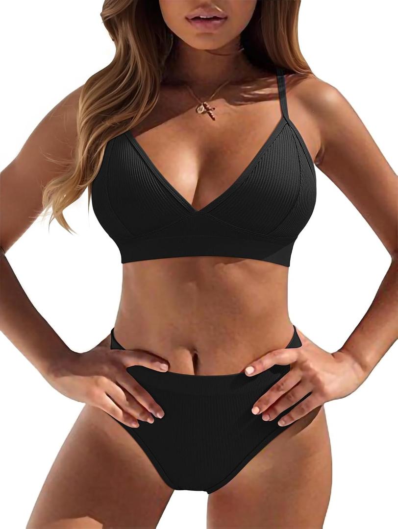 OQQ 2 Piece Bikini Set V Neck Popular Swimsuit High Waisted 2026 Summer Beach Swim Bathing Suits (Black, S)