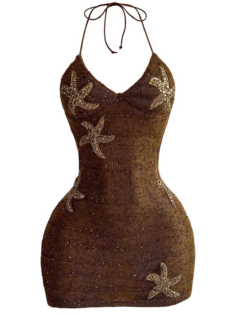 RoseSeek Women's Boho Sequin Mini Dress Halter Tie Back V Neck Bodycon Dresses Sparkle Dress Coffee Brown X-Large (Brown, XL)