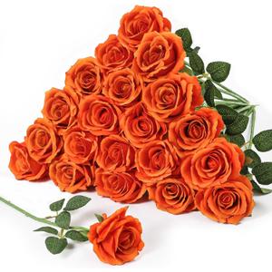 Serwalin 20pcs 4'' Big Orange Artificial Roses, Large Flower Head Silk Rose Velvet Real Touch, Fake Roses Long Stems Realistic Bouquet for Wedding, Table Centerpiece Home Decor