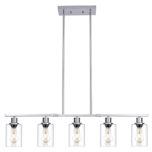3WWWUEE 39.4" Kitchen Island Lighting, 3 Lights Clear Glass Pendant Light Fixtue, Chrome Linear Metal Chandelier for Dining&Living Room Foyer,Height Adjustable,E26 Socket