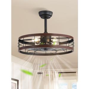 LEDIARY 22 inch Caged Ceiling Fan with Light, Fandelier Industrial Ceiling Fan with Remote, Farmhouse Fan Lights Ceiling Fixtures for Kitchen, Bedroom, Outdoor6 Speed, Timing-Walnut
