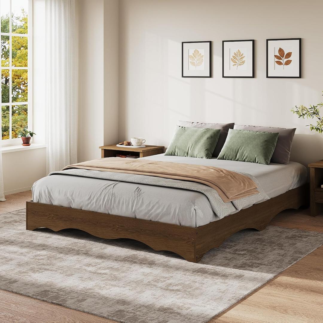Garvee Queen Wood Platform Bed Frame, Wooden Bed Frame Without Headboard, Wave Edge Bed with Sturdy Slat Support, Noise-Free Design, No Box Spring Needed, Easy Assembly