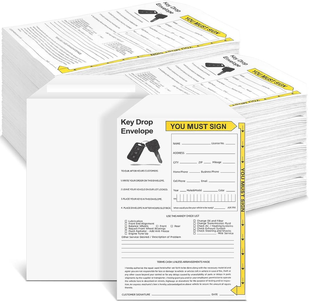 Sayglossy 100 Pack Key Drop off Envelopes 6" x 9" Open End After Hours Key Envelopes Auto Shop Repair Service Keys Drop Envelope Drops Box Envelope for Overnight or Early Birds
