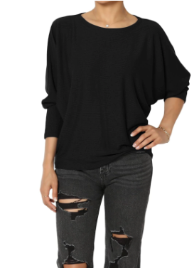 Women's Closet-Essential Drapey 3/4 Dolman Sleeve Boat Neck Relaxed Ribbed Top, L