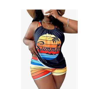 SOLY HUX Women's Plus Size Tankini Set Striped Tropical Print Tops and Shorts Bikini Bathing Suits 2 Piece Swimsuit 2XL