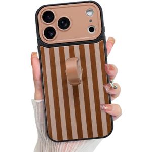 KANGHAR Compatible with iPhone 17 Pro Max Case 2025, Silicone Stripes Cute Pattern, Wristband Kickstand Camera Protection Soft Slim Cover for Girls Women -Brown