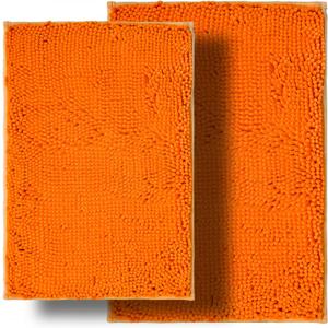 BOANKODU Bathroom Rugs Sets 2 Piece, Ultra Soft Absorbent Bath mat Chenille Bathroom Rug, Antiskid Bath mats Washable Bathroom mat (20x32 inch + 16x24 inch) Orange
