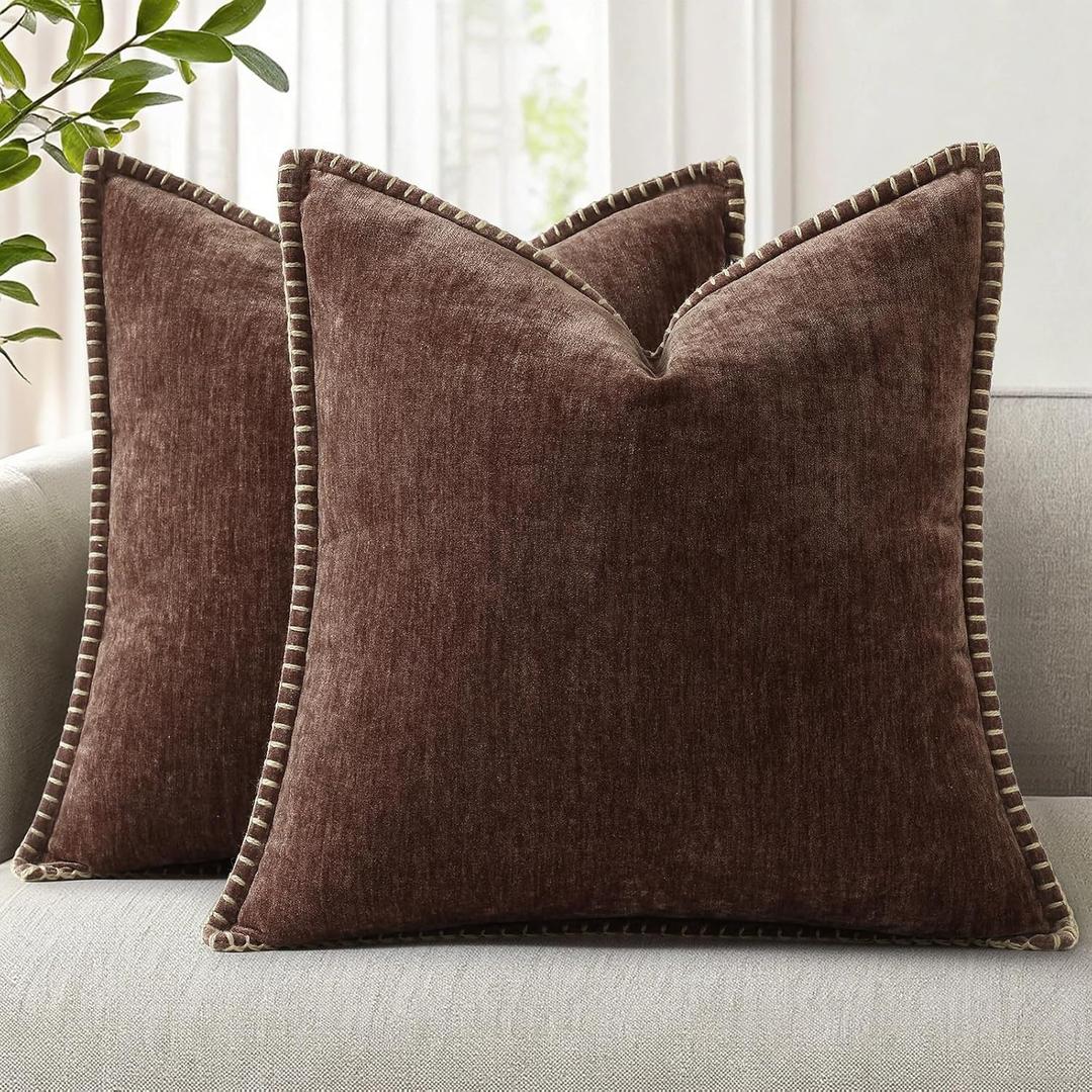 decorUhome Fall Chenille Soft Cozy Throw Pillow Covers 18x18 Set of 2, Modern Farmhouse Boho Velvet Decorative Pillow Cases with Stitched Edge for Couch Sofa Bed Home Decor, Chocolate