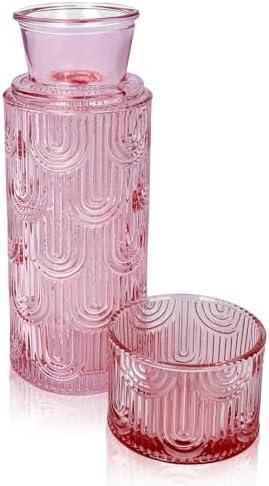 21.6 0z Glass Carafe with Lid, Mouthwash Container for Hand Washing Table, Bedside Water Carafe and Glass Set, Pitcher for Nightstand - Pink