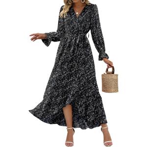 BTFBM Womens Dresses Fall Clothes 2025 V Neck Floral High Waist Ruffle Wedding Guest Cocktail Boho Long Sleeve Dress (X-Large)