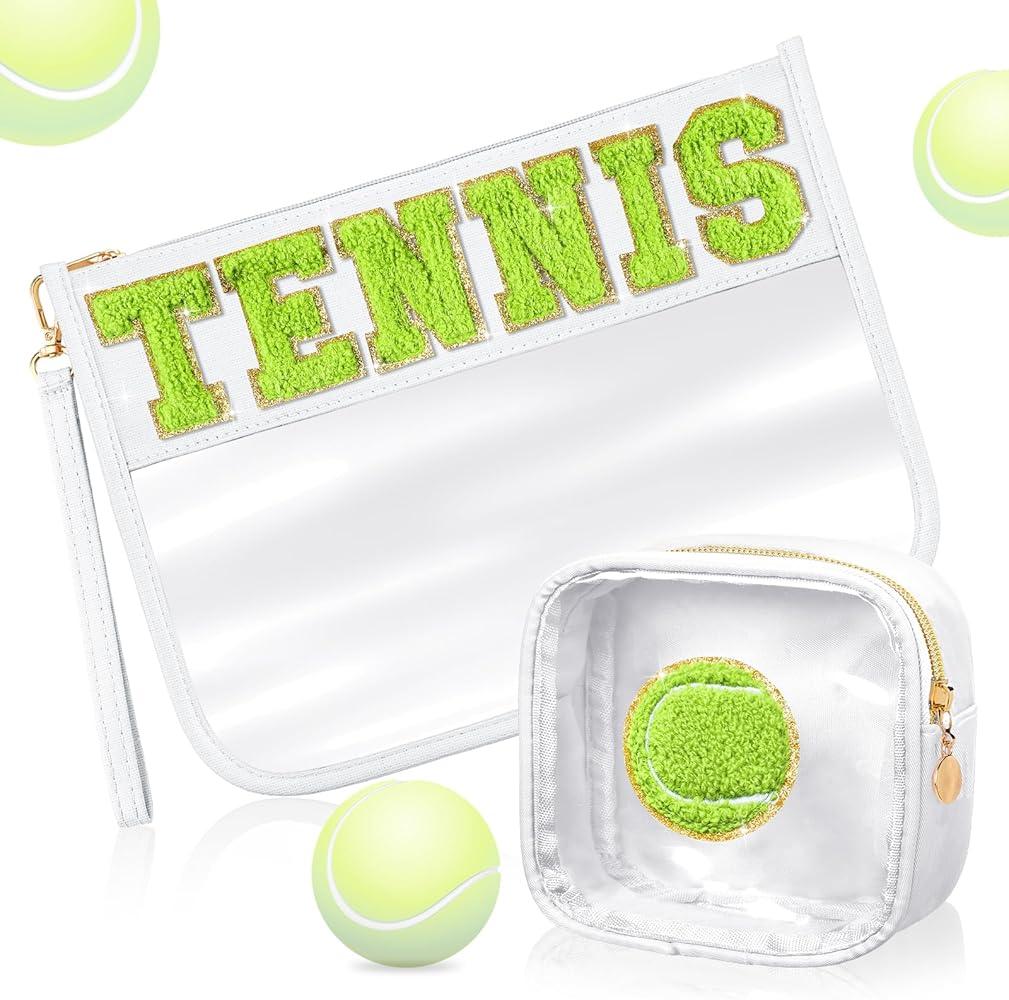 Party Greeting 2Pcs Tennis Gifts Tennis Chenille Makeup Bags Portable Travel Cosmetic Bag with Zipper Preppy Patch Letter Bag Waterproof Storage Purse Flat Clear PVC Organizer for Women